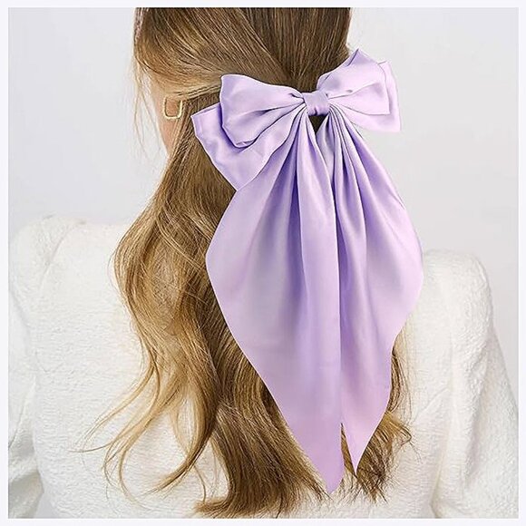 Silky Satin Purple Hair Bows 2 Pcs Big Hair Bows for Women Lavender & Purple - Picture 2 of 7